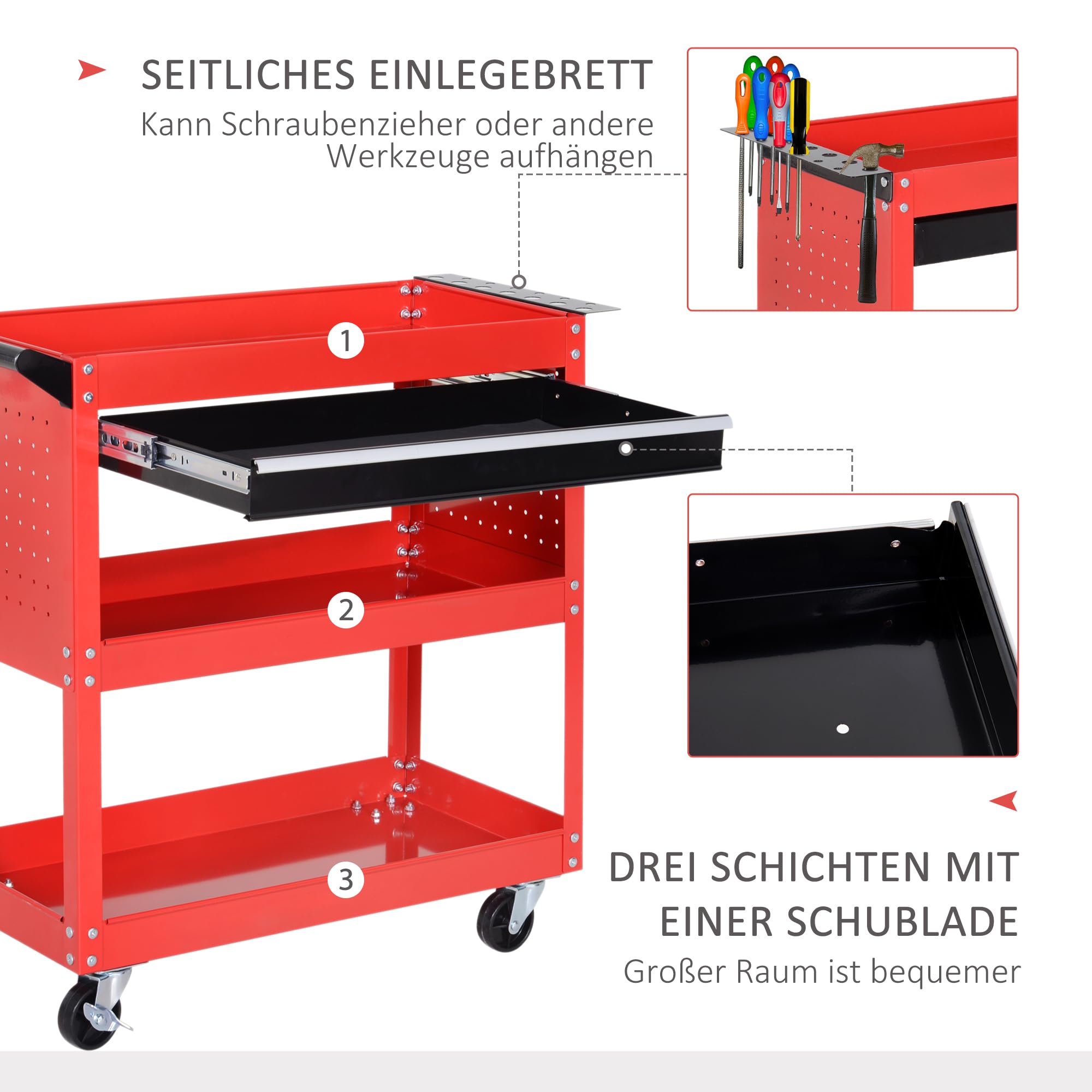 HOMCOM Werkstatt-Rollwagen, Werkzeugwagen mit 3 Ebenen, Transportwagen mit Schublade, Montagewagen für Garage, Lagerhaus, max. 60 kg Belastbar, Rot
