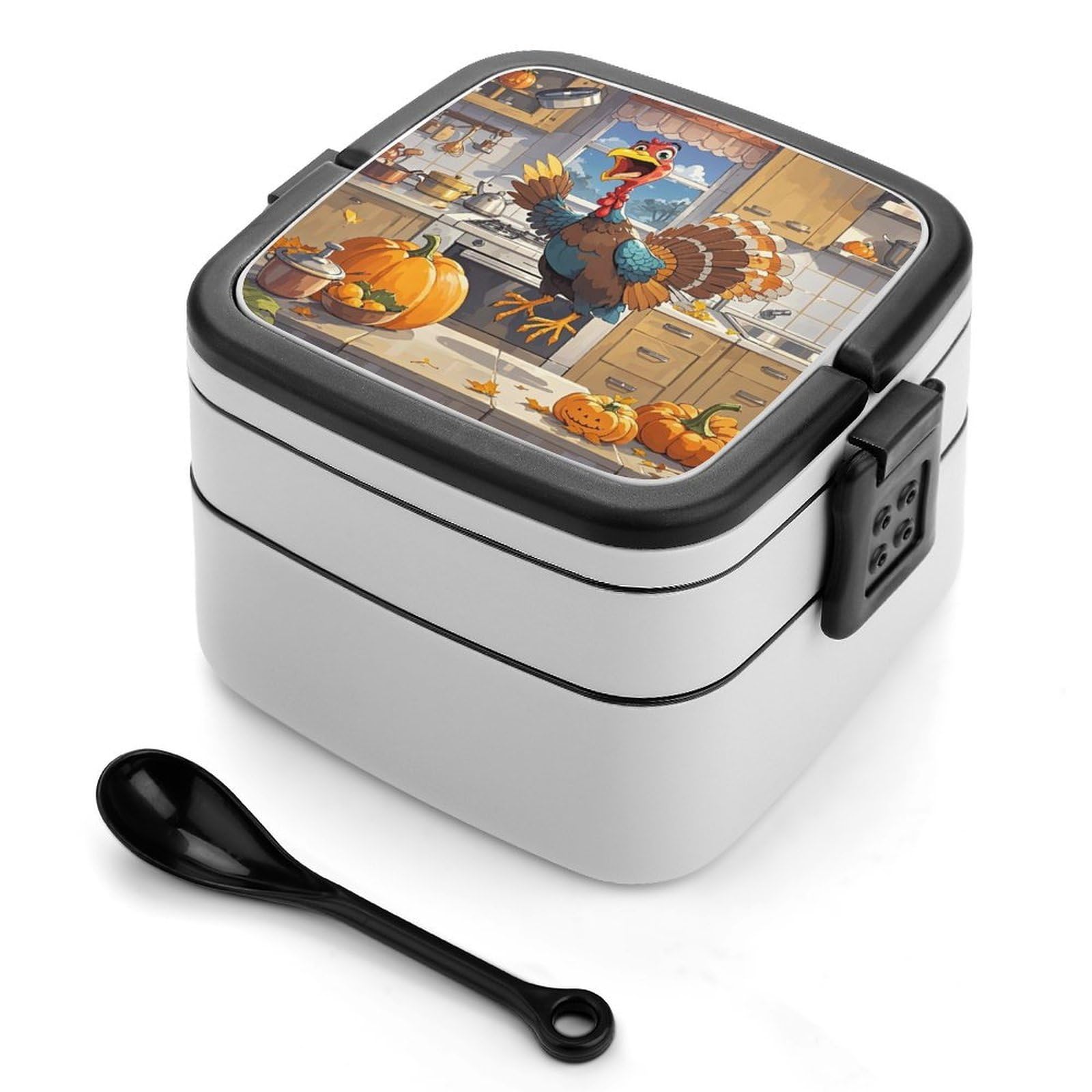 VstaDank Pumpkin And Turkey Bento Box with Compartments Portable Lunch Containers with Spoon Leak Proof Bento Lunch Box Snap-On Design Double-Layer Insulated Lunch Boxes for Work Camping