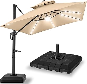 Best Choice ProductsBest Choice Products 10x10ft Cantilever Patio Umbrella w/Base Included, Solar LED Lights 360 Rotation Large Offset Hanging Outdoor Shade for Deck Pool Backyard w/Stand – Sand