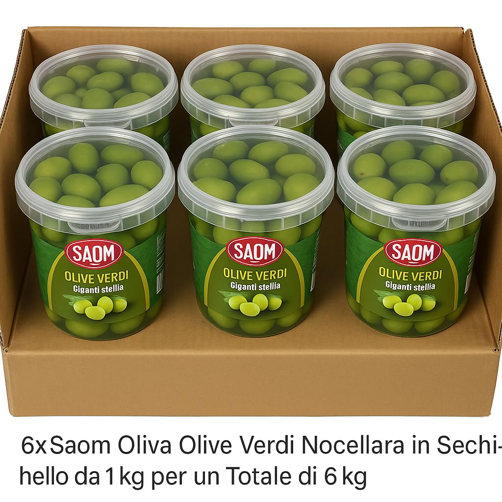Olive Verdi Nocellara di Sicilia 6x1Kg – Secchiello Richiudibile – Totale 6Kg – Giganti, Carnose e Croccanti – Ideali per Aperitivi, Antipasti e Cucina Mediterranea