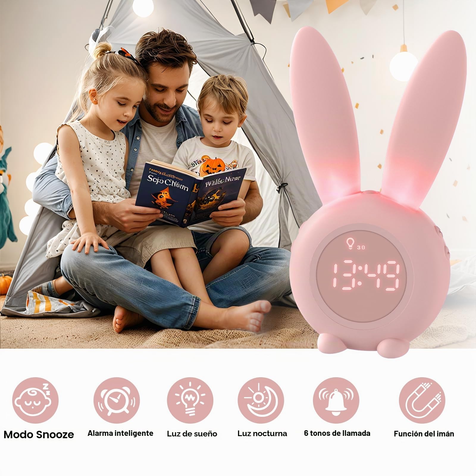 Homealexa Reloj Despertador de Conejo, Conejito Animal Lindo mesita de Noche con luz Nocturna + 6 música Interesante + Función de Cuenta Regresiva, Regalo para niños niños Estudiantes