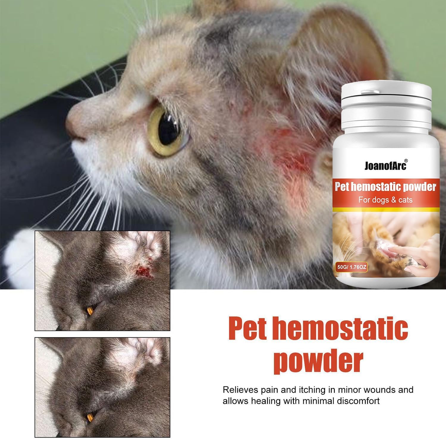 JoanofArc Pet Styptic Powder for Dogs & Cats - Fast-Acting Blood Stop for Nails, Minor Cuts, Scratches, Gentle & Sting-Free, Quick Stop Bleeding Powder for Dogs with Herbal Support - 1.76 Oz/50g