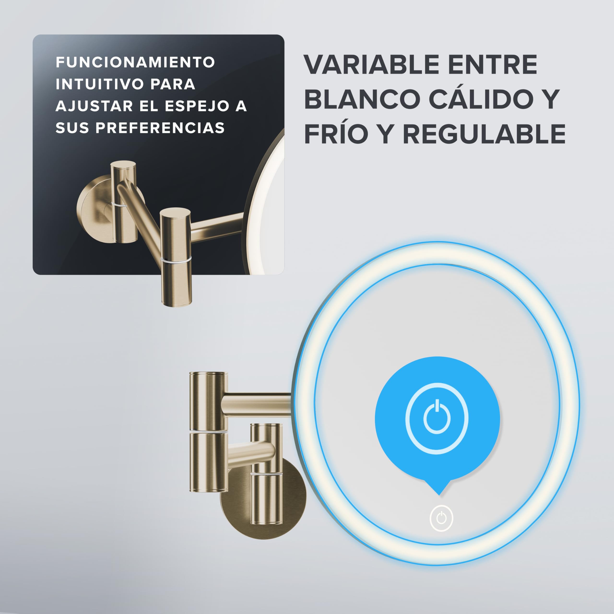 ovimar Espejo de Aumento Blavand Oro | con iluminación | Recargable | Montaje en Pared para taladrar | en el baño | Espejo de Aumento 5X | Espejo de Maquillaje con luz | Espejo de 360 ​​​​Grados
