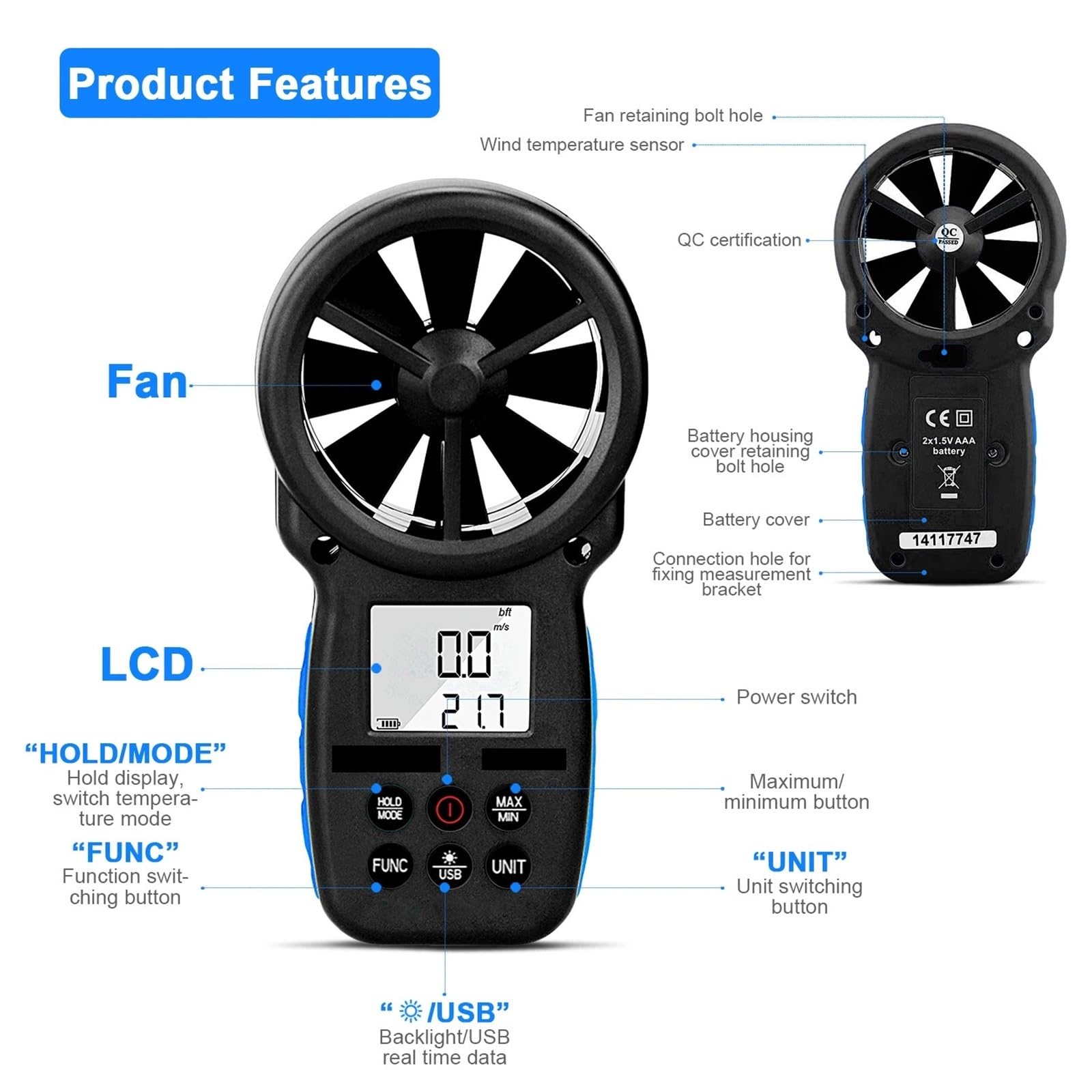 Anemometro digitale - Misuratore di velocità del Misura velocità del, temperatura, flusso del con memorizzazione dati e USB