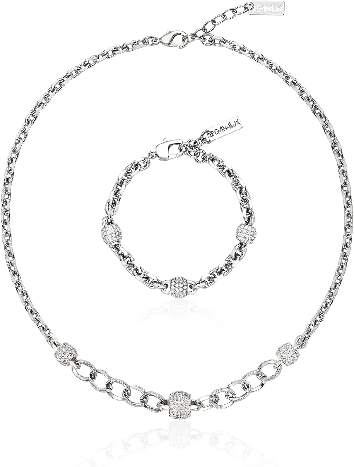 Rhodium Plated Crystal Link Chain Adjustable Necklace and Bracelet for Women-Elegant Gift for Women Girls, Luxury Jewelry Made in Korea