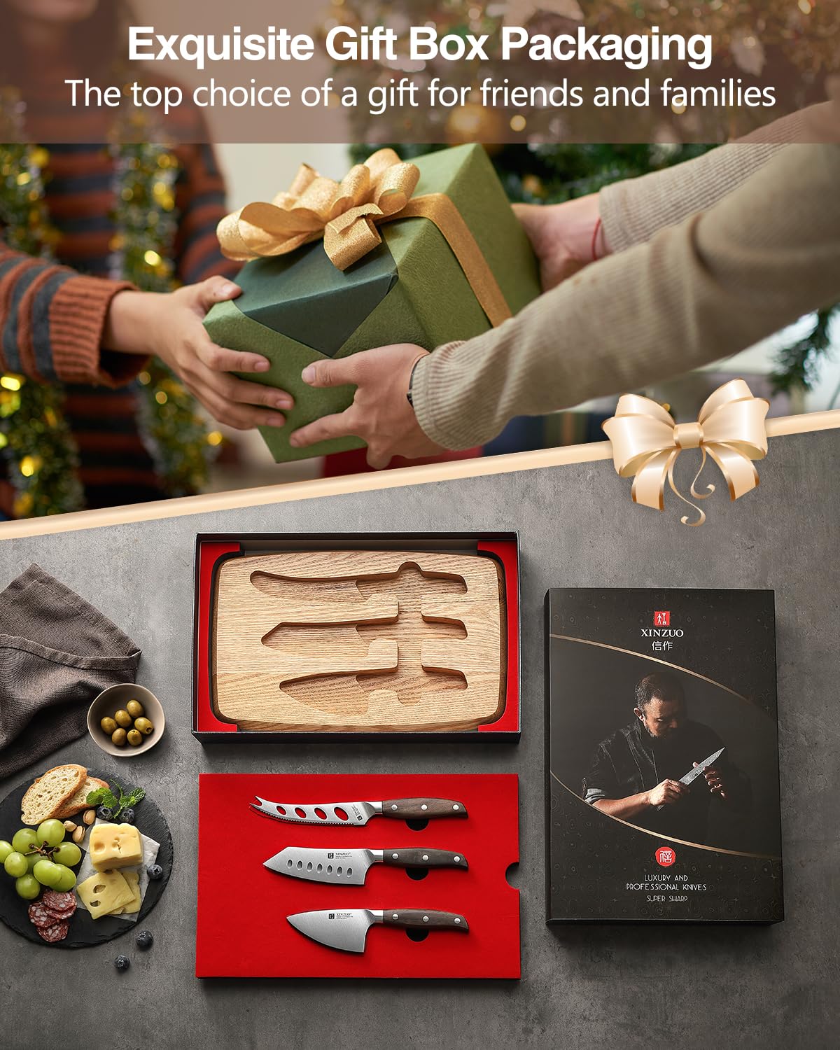 XINZUO Juego de Cuchillos para Queso con Tabla Madera de Roble Rojo y 3 Cuchillos Acero Inoxidable Magnética