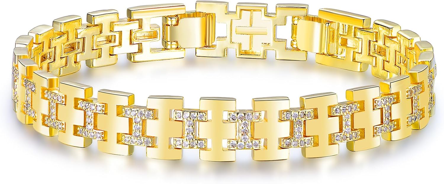 14K Sliver Plated Cubic Zirconia Bracelet For Men and Women, 7mm Watch Link Bracelet | Metal link bracelet |Suitable for holiday gifts