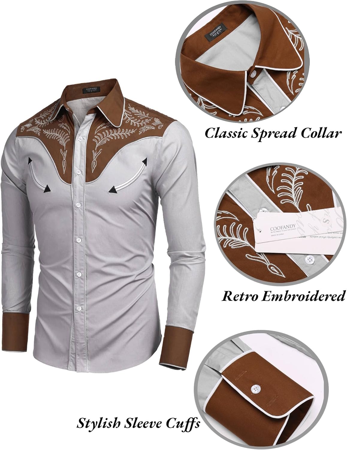 COOFANDY Men's Western Cowboy Shirt Embroidered Button Down Long Sleeve Shirts - Image 5