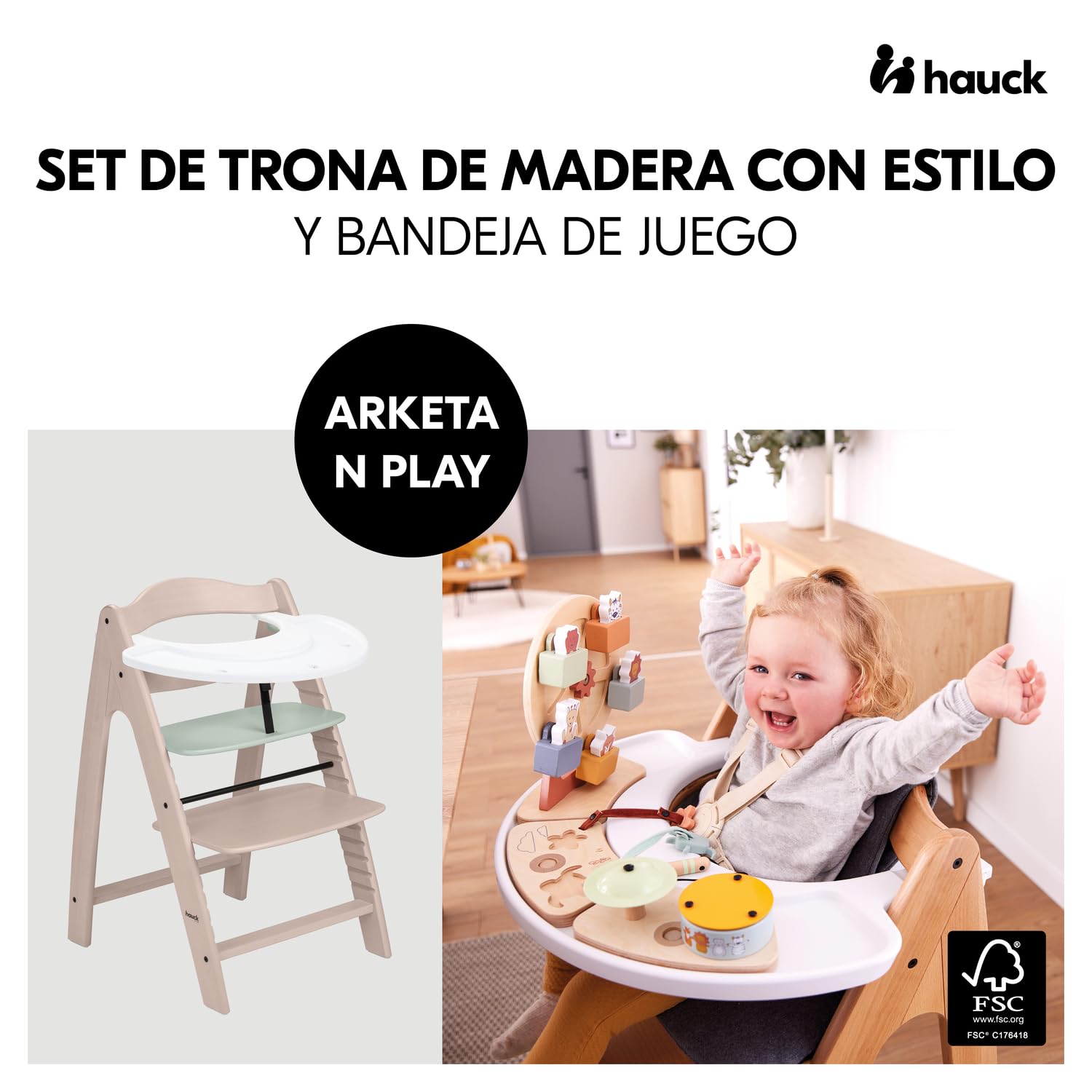 hauck Arketa N Play Trona de Bebé de Madera FSC®, Whitewashed Mint | Altura Ajustable 13 Posiciones, Incluye Bandeja Play Tray, Cinturón y Barra Delantera, Desde 6 Meses hasta 130 kg