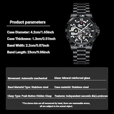 Automatic Watches for Men Hollow Out Self- Winding Mens Mechanical Watch Luxury Independent Seconds Dial Stainless Steel Luminous Skeleton Wristwatch