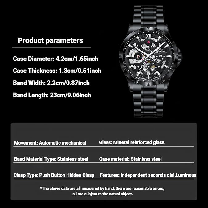 Automatic Watches for Men Hollow Out Self- Winding Mens Mechanical Watch Luxury Independent Seconds Dial Stainless Steel Luminous Skeleton Wristwatch