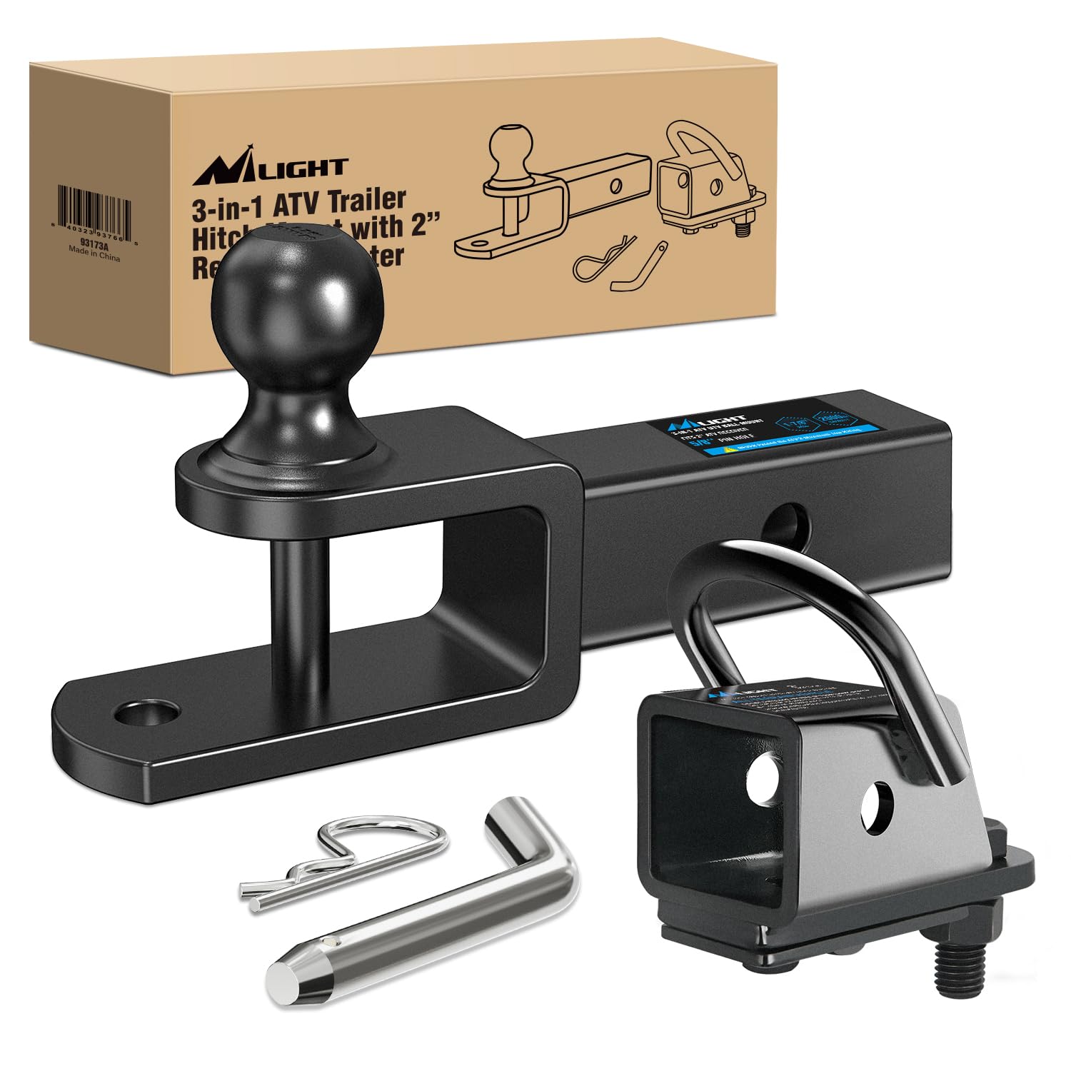 Nilight 3 in 1 ATV UTV Multi Hitch Mount with 2 Inch Receiver | 1-7/8" Ball Hitch Rated 2000 LBS Winch Strap Loop Rated 5000 LBS