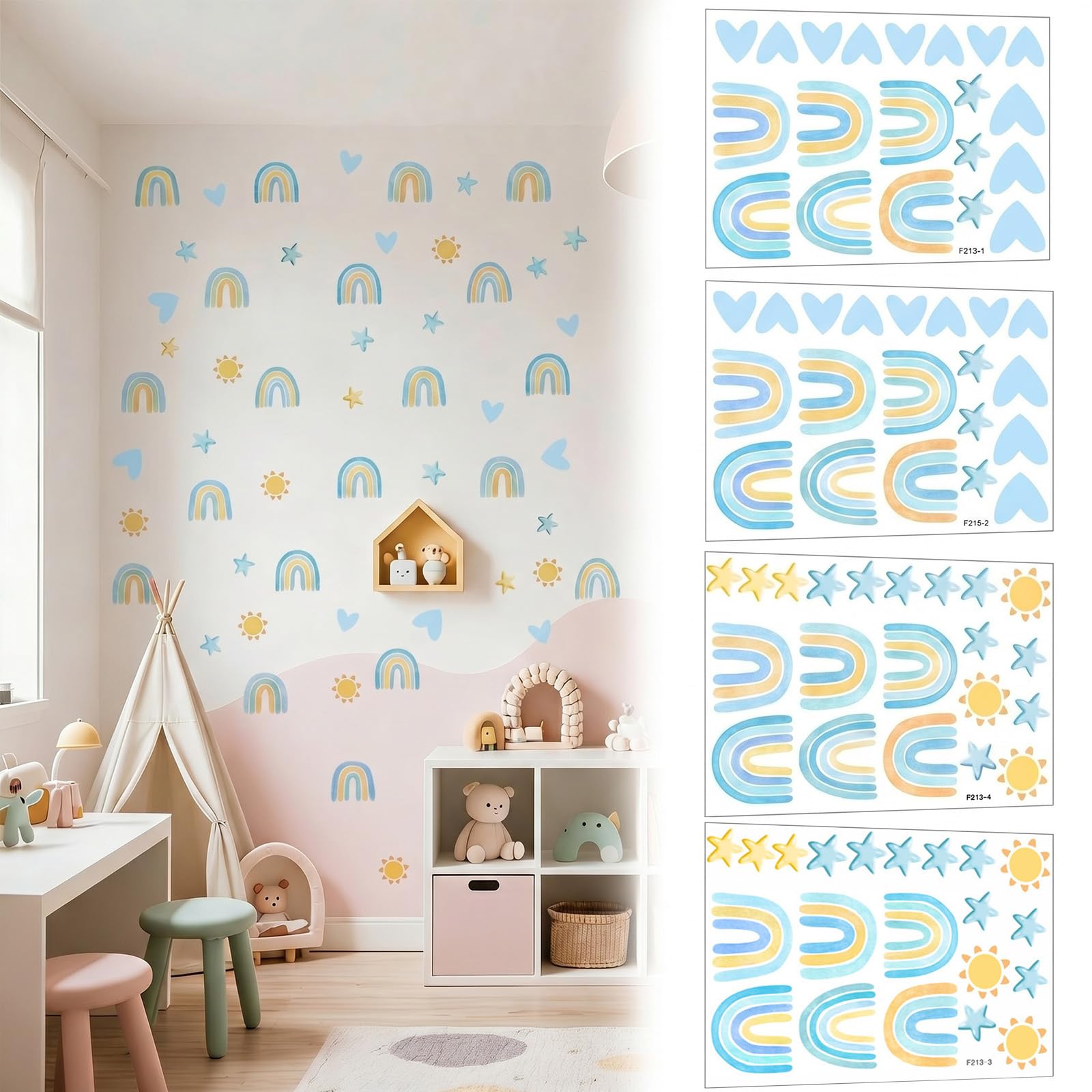 164 PCS Rainbow Wall Decals Colorful Hearts Sun Stars Removable Stickers for Childrens Room Girls Boys Bedroom Nursery Large Wall Art Decor (8, Blue Color Set, Rainbow)