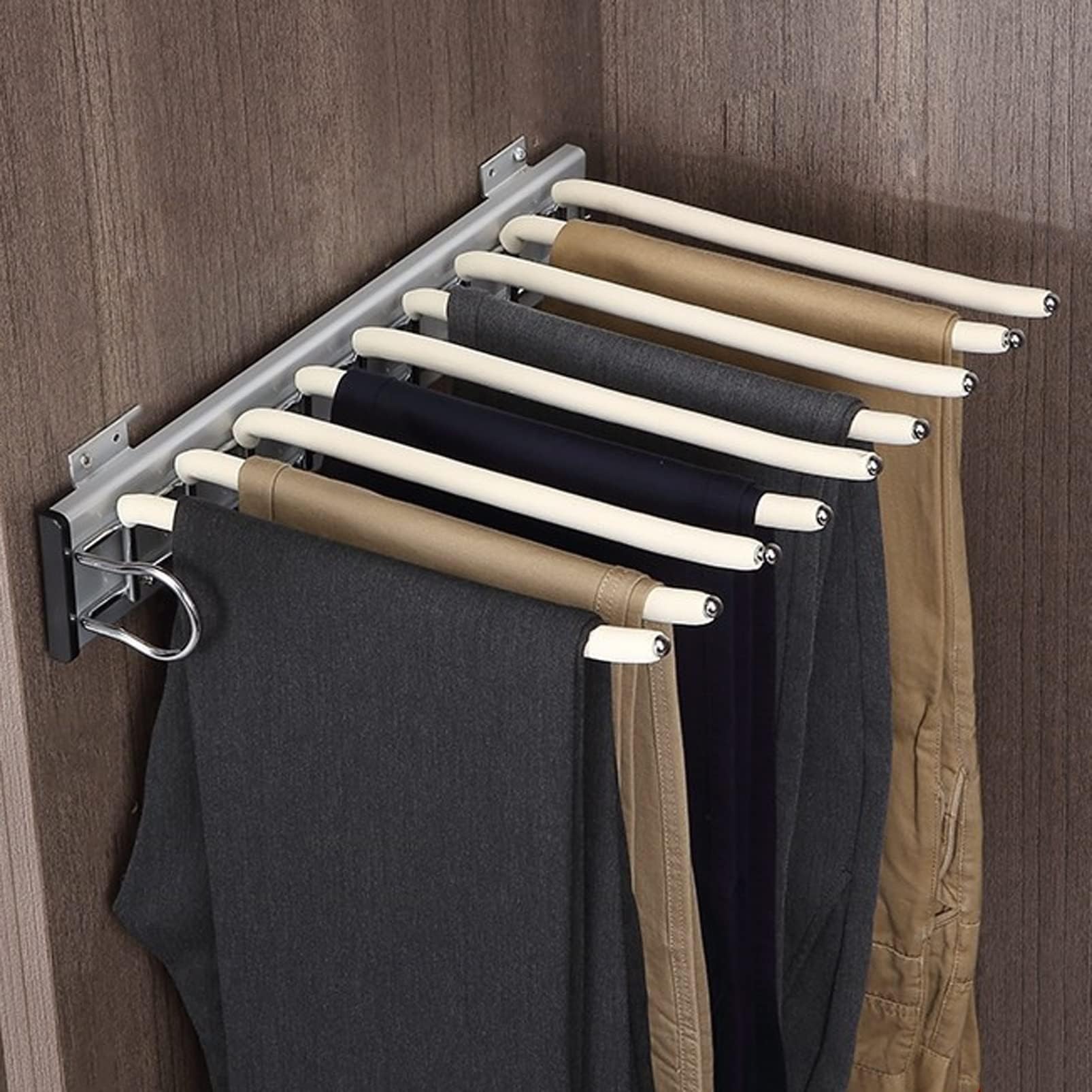 Trousers Rack Pull Out Pants Hangers Pull Out Trousers Rack 9 Arms, Extendable Pants Holder Steel Sliding Pants Hanger Bar for Closet Organizers, Jeans Clothes Trousers Rack, Pull Out Pants (Beige L