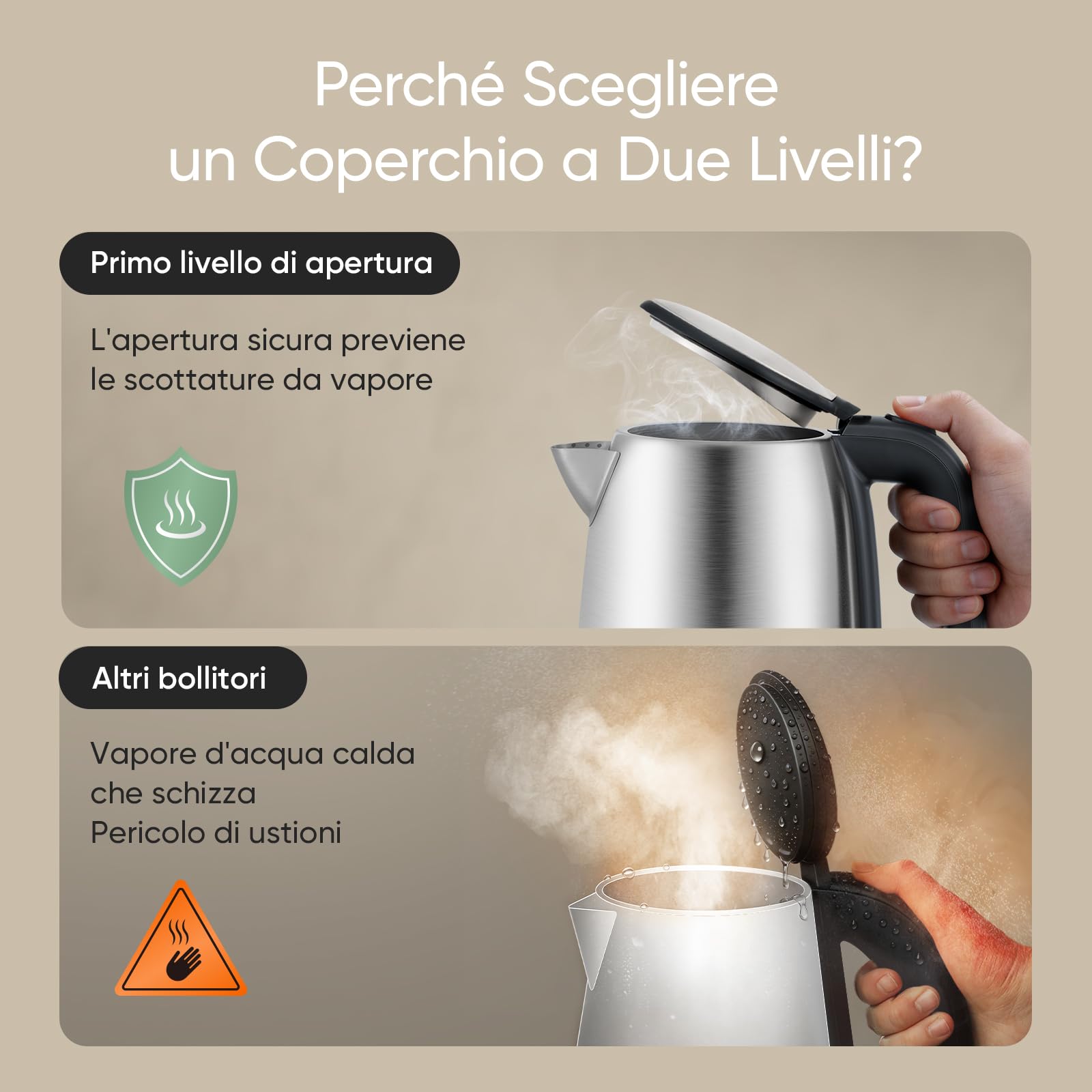 COSORI Bollitore Elettrico in Acciaio Inox 1,7 Litri, Contatto con l'Acqua Senza Plastica, 2200 W, Tecnologia del Strix, Base Girevole a 360°, Argento-Nero