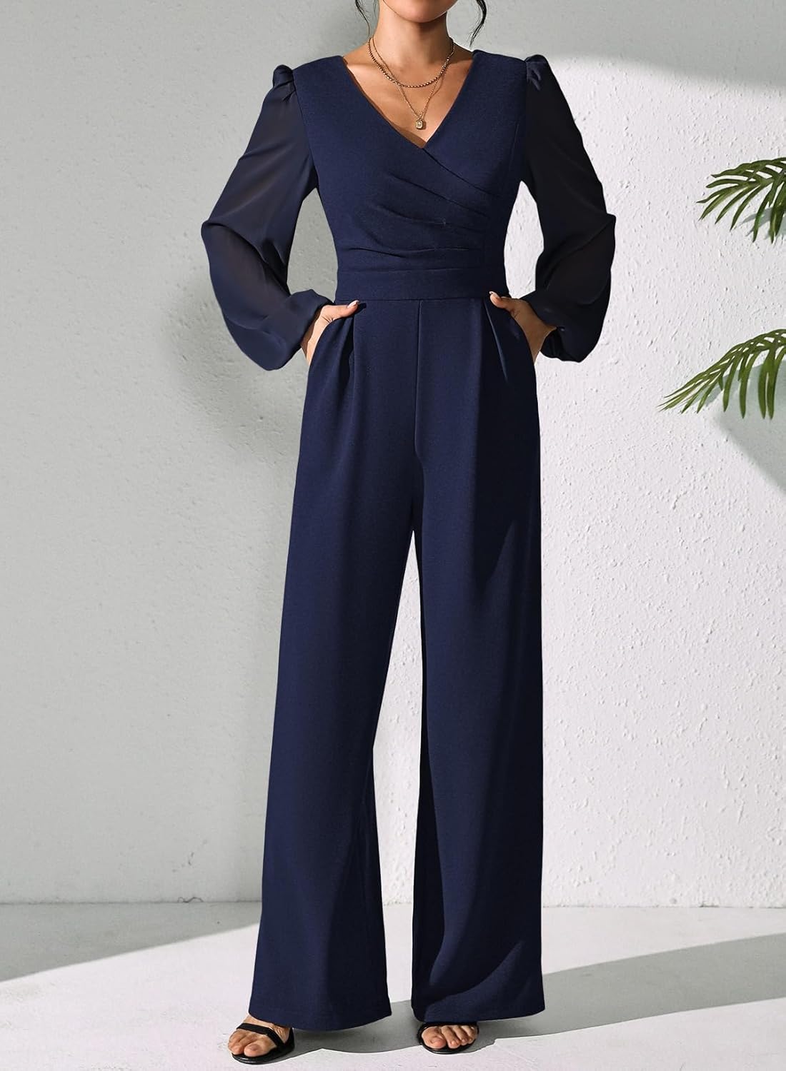 Pink Queen Jumpsuits for Women Dressy Patchwork Chiffon Sleeve V Neck Wide Leg Romper Holiday Party Outfits - Image 5