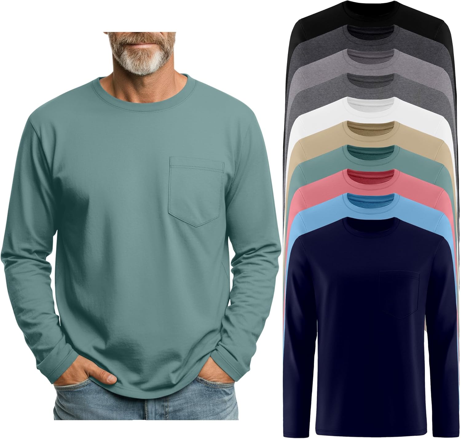 Locoowai 10 Pack Men's Big and Tall Long Sleeve Shirts, Crew Neck Loose Fit Pocket Tops Bulk Casual Basic T Shirts
