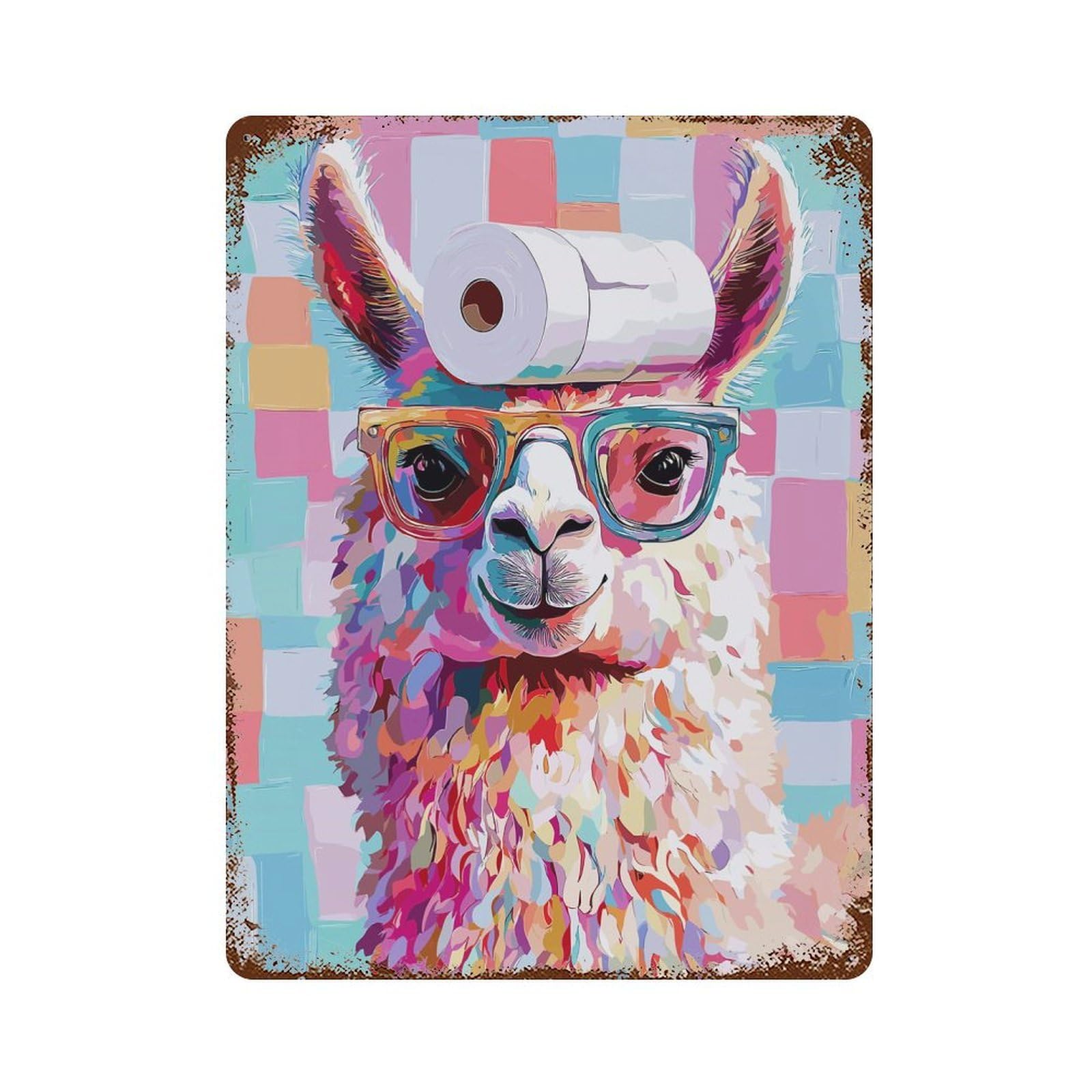 Colorful Llama with Toilet Paper Hat Rusty Metal Tin Sign 15.7"x11.8", Rustic Home Decor for Living Room, Hallway And Home Decor