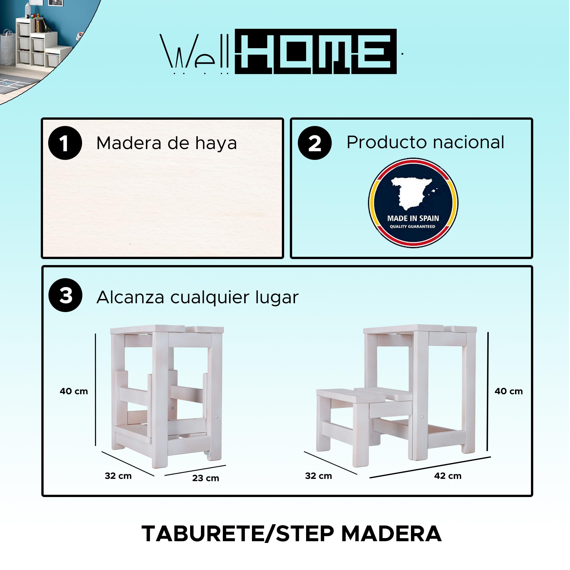 WELL HOME MOBILIARIO & DECORACIÓN Tritthocker mit 2 Stufen, aus Holz, weiß, 32 x 23 x 40 cm