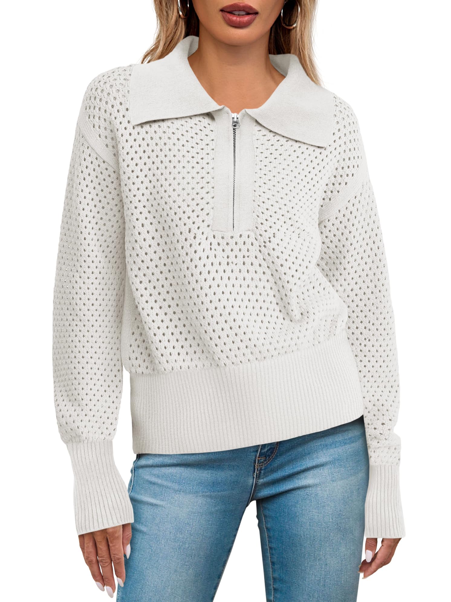Womens Half Zip Pullover Sweaters Crochet Lapel Collar Long Sleeve Knit Solid Color Jumper Tops