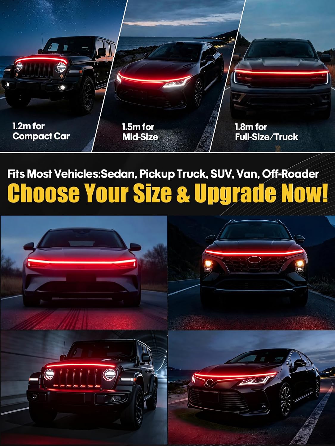 Sequential Dynamic Scan LED Hood Light Strip for Cars, Dual Color Red DRL with Amber Turn Signal, Flexible Cuttable IP68 Waterproof Exterior LED Light, for Trucks SUVs Vans, 70inch 12V, 1 Set