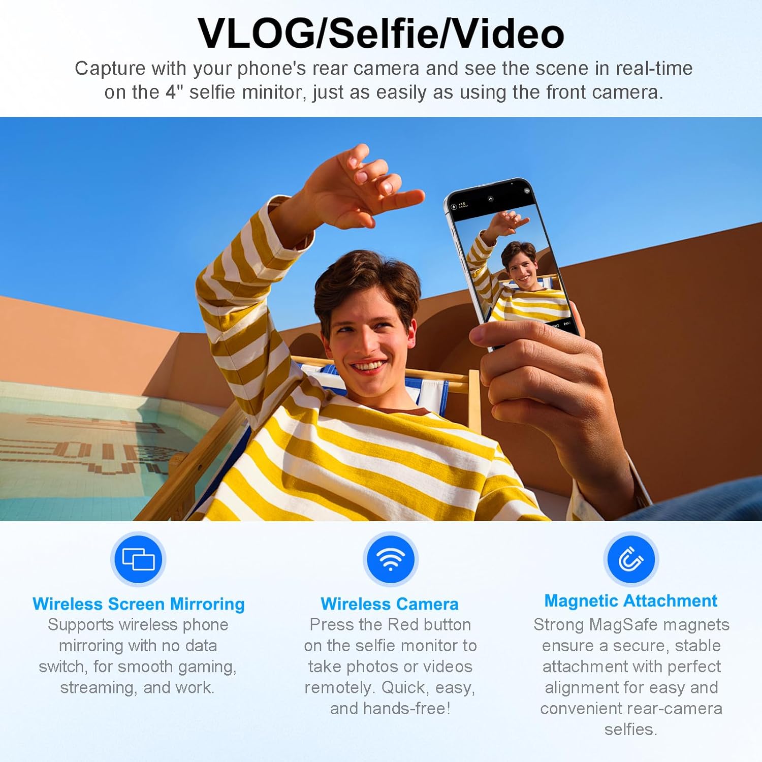 4" Magnetic Phone Vlog Selfie Monitor Screen, 1080P Wireless Mirroring, Phone Selfie Monitor Screen Back Camera Monitor for Selfie Vlog Content Creator Live Stream,Snaplylens for iPhone, Android