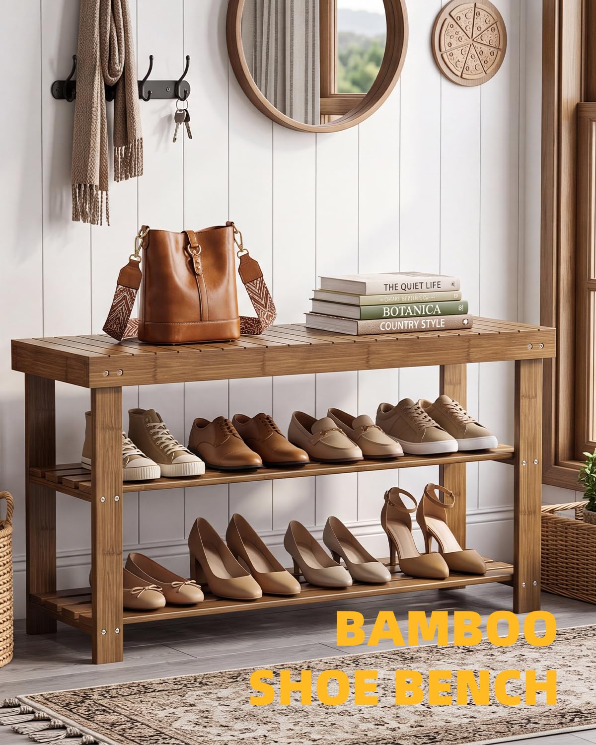 SMIBUY Banc à Chaussures en Bambou à 3 Niveaux pour entrée, 86 x 28.5 x 45.5 cm, Couloir, Salle de Bain, Salon (Noyer)