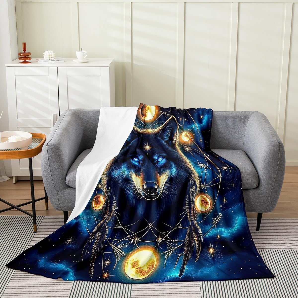 Feelyou Wolves Howling Plush Throw Blanket Twin 60"x80" Mountain Moon Wolf Blanket for Sofa Couch Boys Teens Decor Wolf Flannel Fleece Blanket Sun Moon Wolf Totem