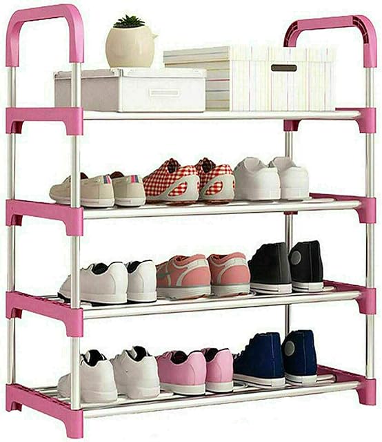 TRTO Pink Metal Shoe Rack Storage Organiser Stand Shelf Portable Cabinet Holder Easy To Use ( 4 Tier )