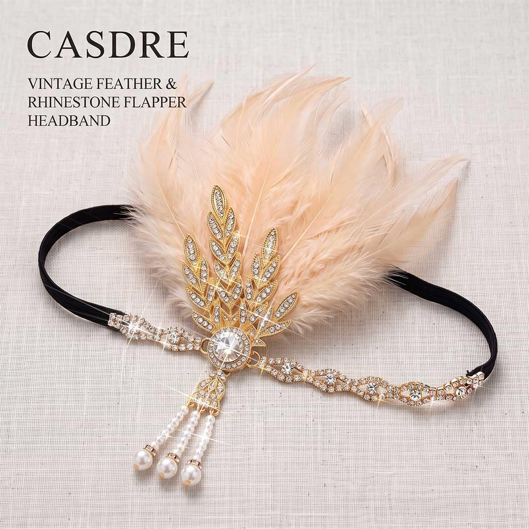 CASDRE Gold Feather Pearl Headband 1920s Headpieces Crystal for Women image 3