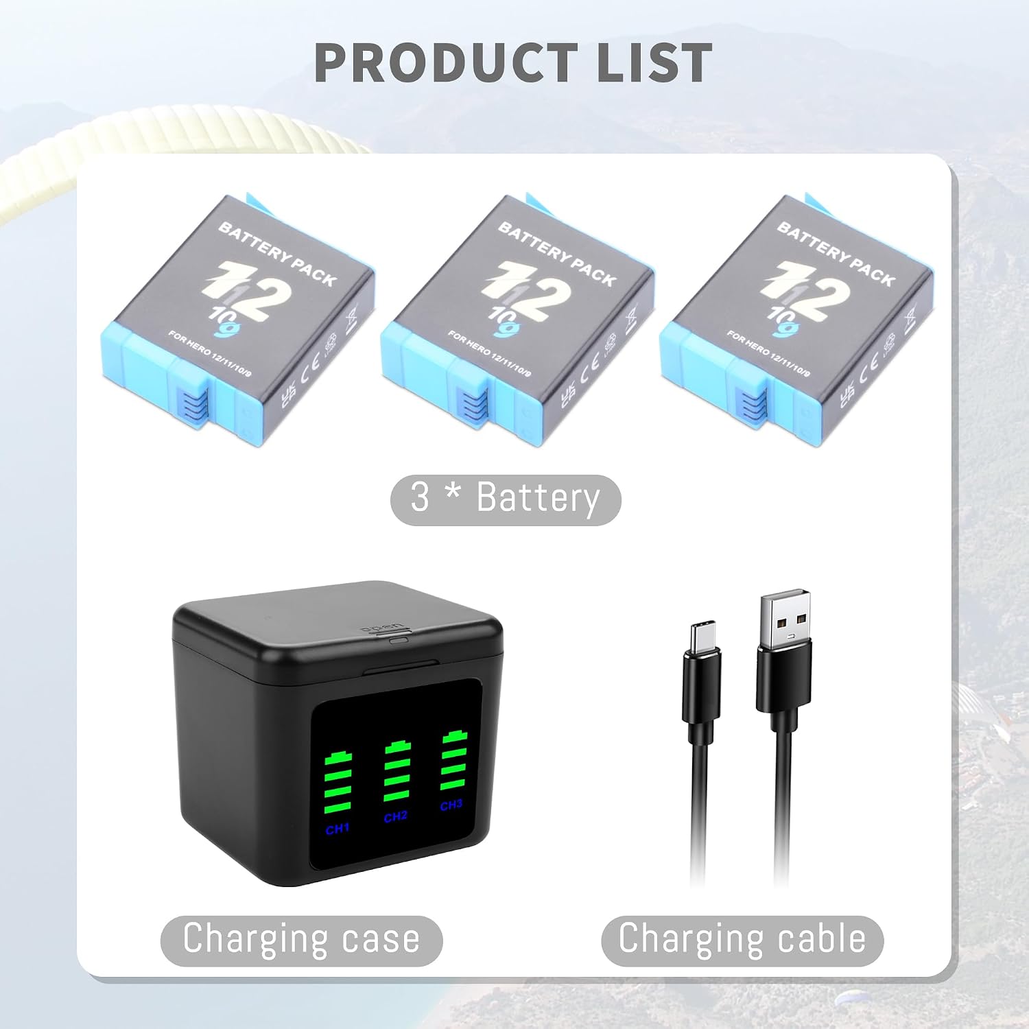 Hero 12 Battery Charger Compatible for Hero 12/11/10/9 Black, 3-Pack 2000mah Battery Replacement, with 3-Channel LED Charge Case, Type-C Charging Cord for Hero 12 11 10 9 Official Upgrade Accessories