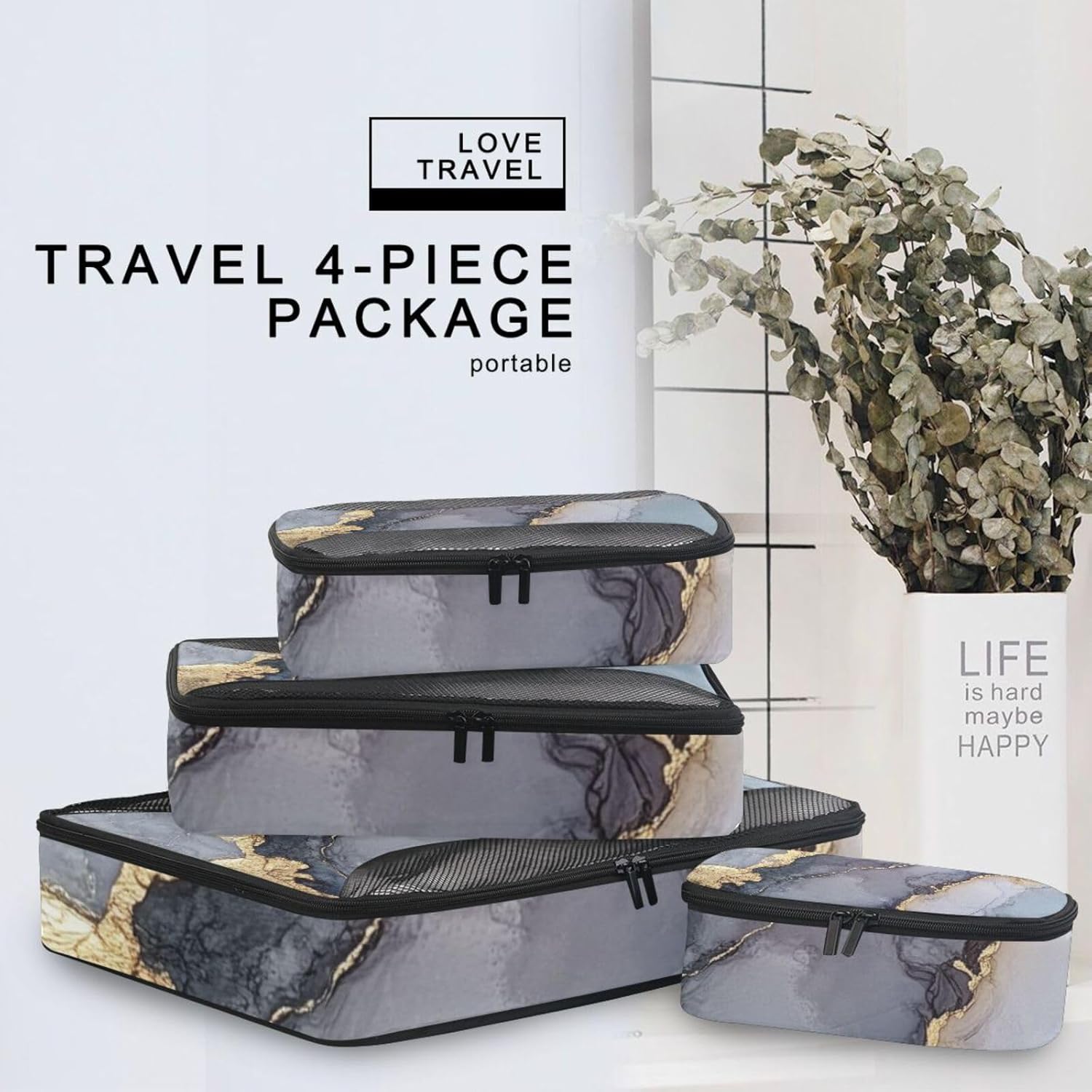 Marble Grey Silver 4 Pcs set organizer travel case Mesh Travel Essentials portable packing cubes