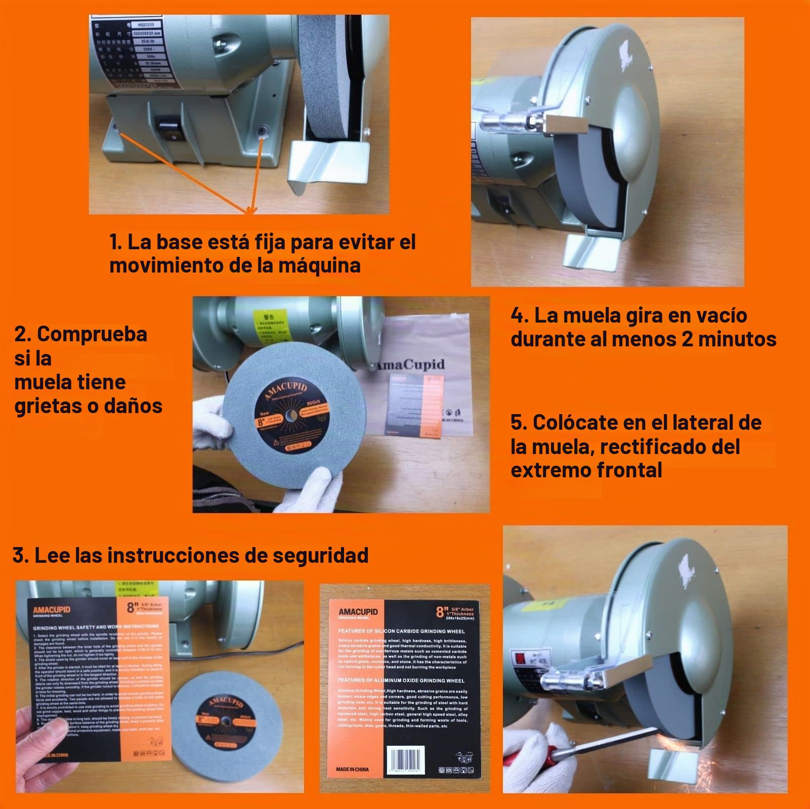 Muela de banco. Abrasivo de carburo de silicio. Para afilar y rectificar herramientas de carburo. Diámetro de 200 mm. Diámetro interior del mandril: 16 mm.