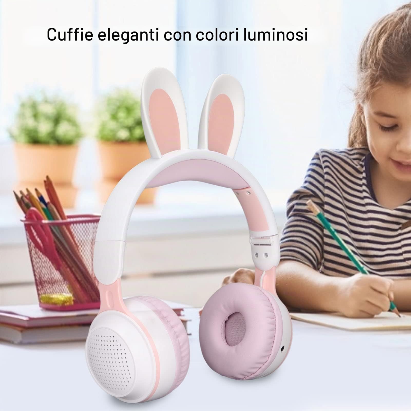 Cuffie Bluetooth 5.0 Pieghevoli con Microfono Simpatico Orecchio di Coniglio Cuffie Over-Ear Wireless per Bambini Verdi Adolescenti Adulti, 12 Ore di Ascolto, TF/Aux, 7 Modelli Integrati(Bianco Rosa)