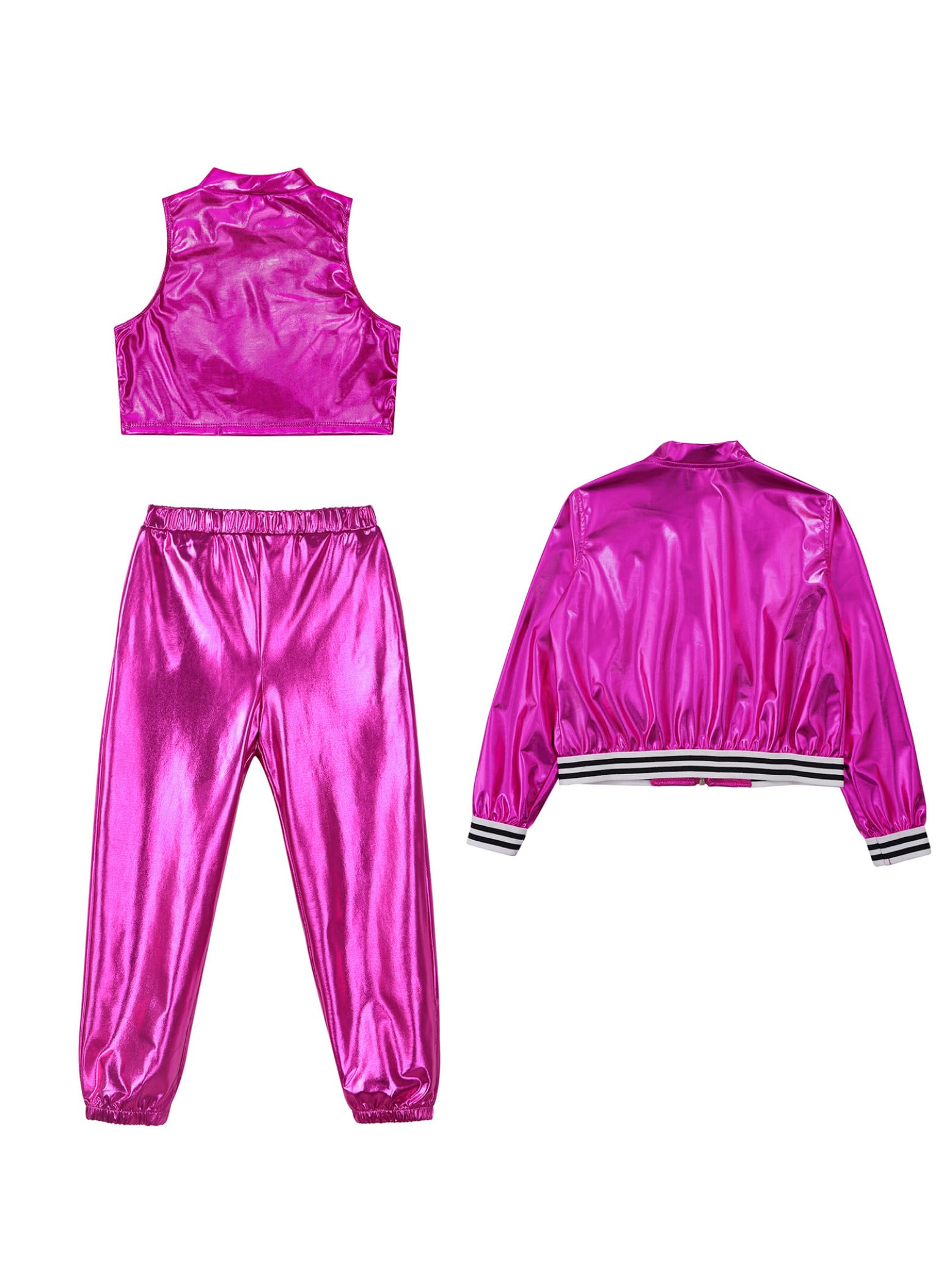 Bambina Tuta da Hip Hop Street Dance Set 2 Pezzi Giacca Sportiva con Zip Capotto + Crop Top + Pantaloni Lucidi Ginnastica Tracksuit Jogging