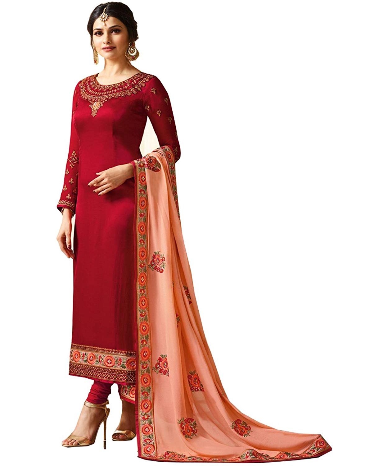 London Collection Glorious Prachi Desai Kwiatowe Praca Pakistańska Prosta Salwar Kameez, Czerwony, XL