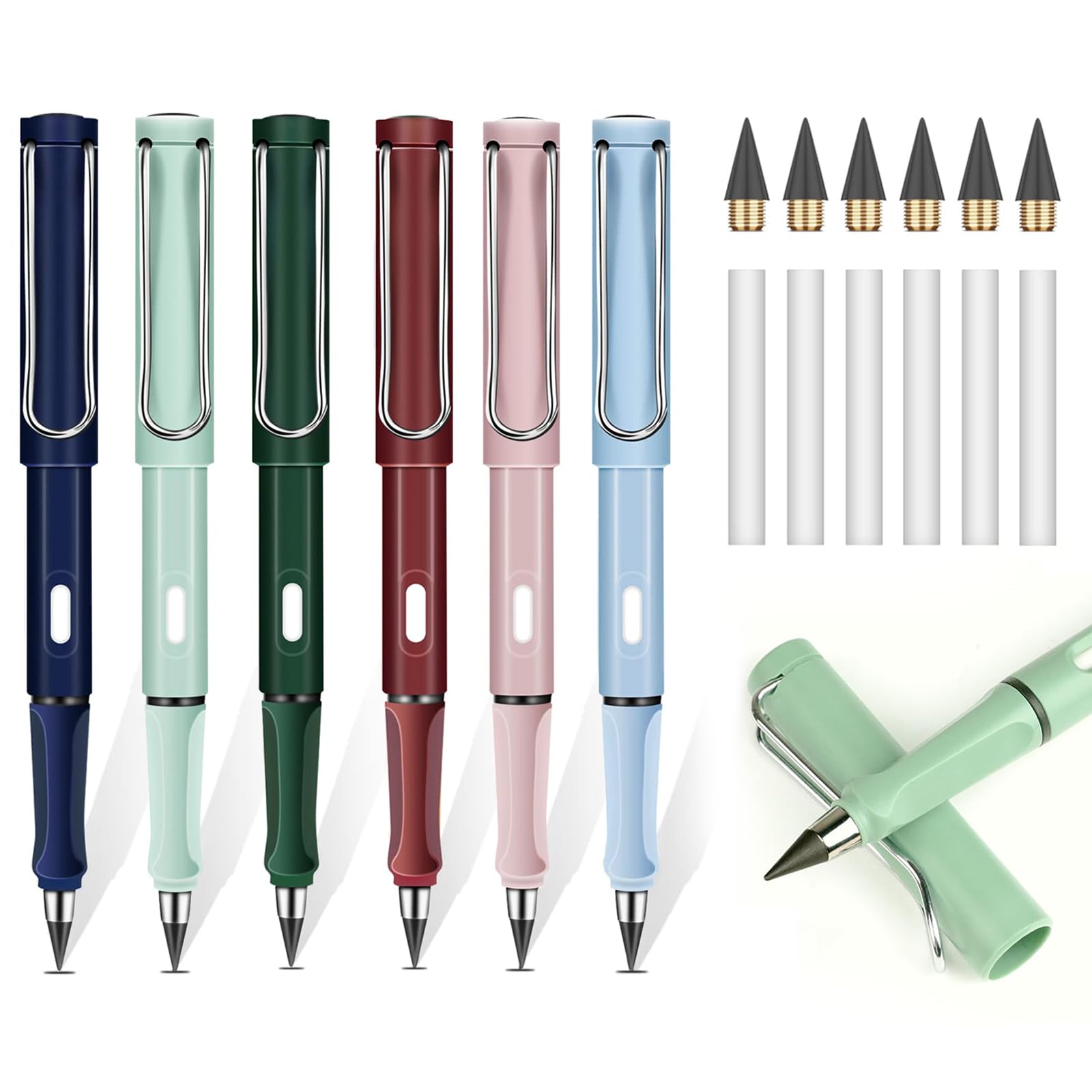 6pcs Infinity Pencils+12pcs Refills Durable Writing Everlasting Pencil Forever Inkless Pencil with Eraser for Writing Drawing Kid School Office Home