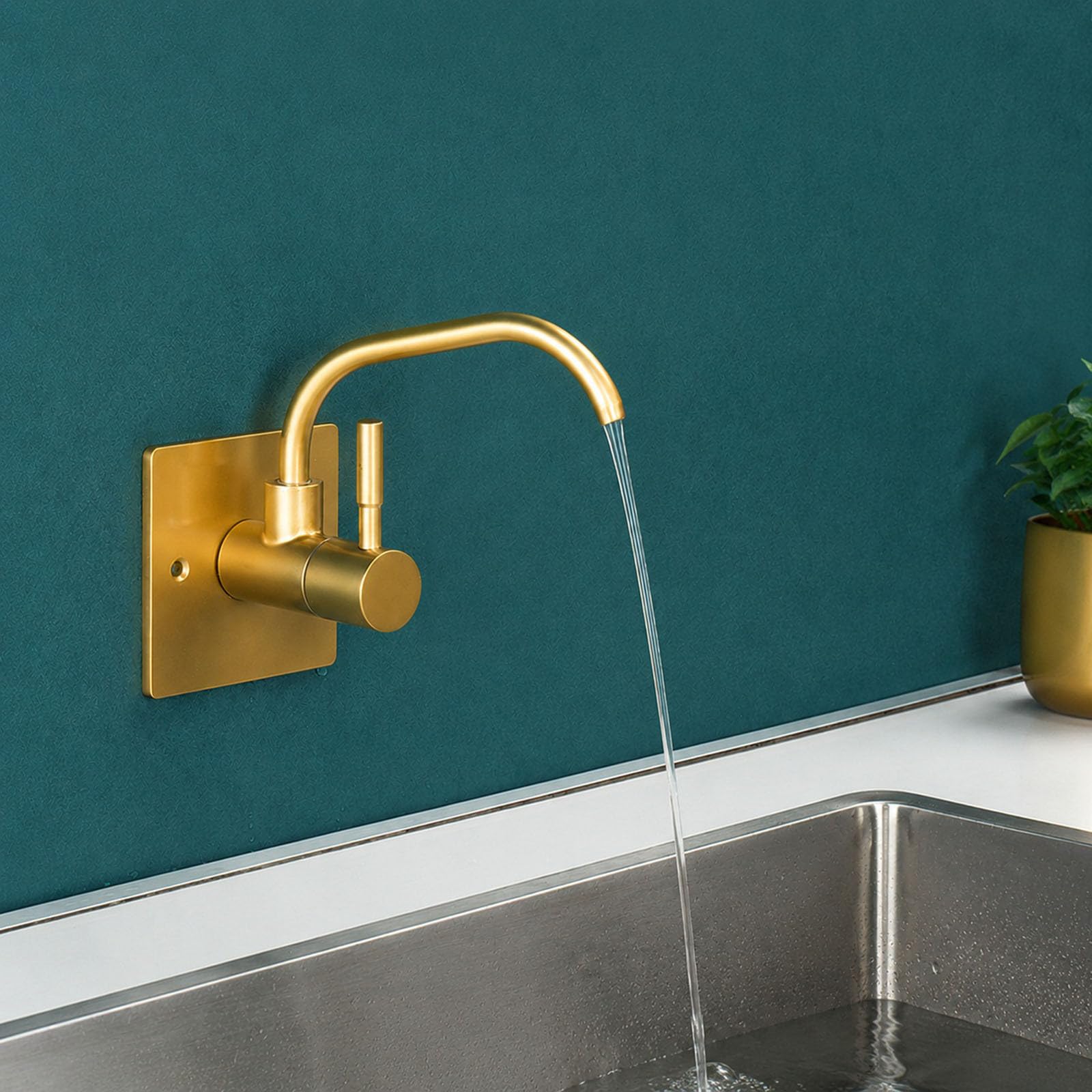 Grifo para fregadero de cocina, filtro de agua fría giratorio de 360°, grifo montado en la pared para sistemas de ósmosis inversa, acabado dorado, fácil instalación