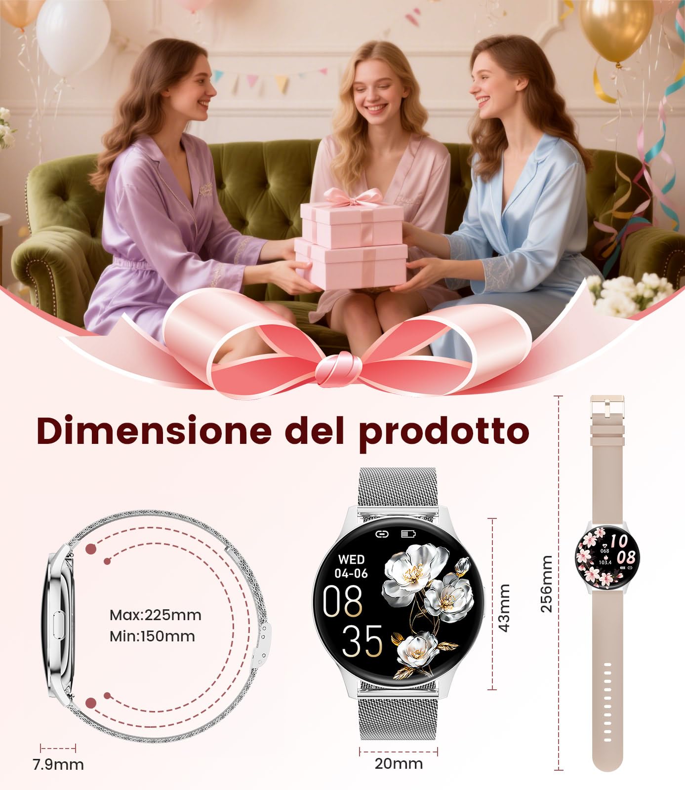 ESFOE Smartwatch Donna,Display AMOLED curvo 1,43", 7,9 mm ultrasottile,Orologio Smart Watch con Chiamate,2 Cinturini,Frequenza Cardiaca,IP68 Impermeabile Fitness Tracker Android iOS Argento