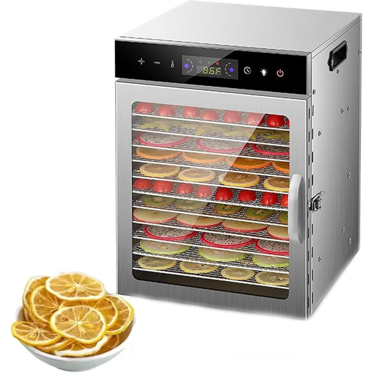 Deshidratador de Alimentos, deshidratador de Carne de Acero Inoxidable, Temporizador Ajustable y Control táctil de Temperatura, para cecina, Frutas, Verduras y champiñones.