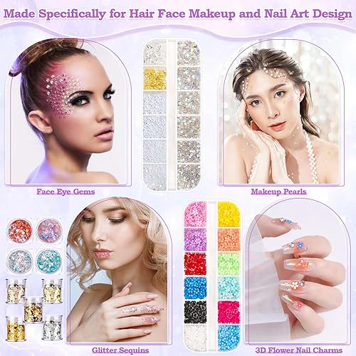 Miniatura 5 de Gemas de diamantes de imitación para el cabello con pegamento de maquillaje, joyas de parte trasera plana, cristales semicirculares, perlas