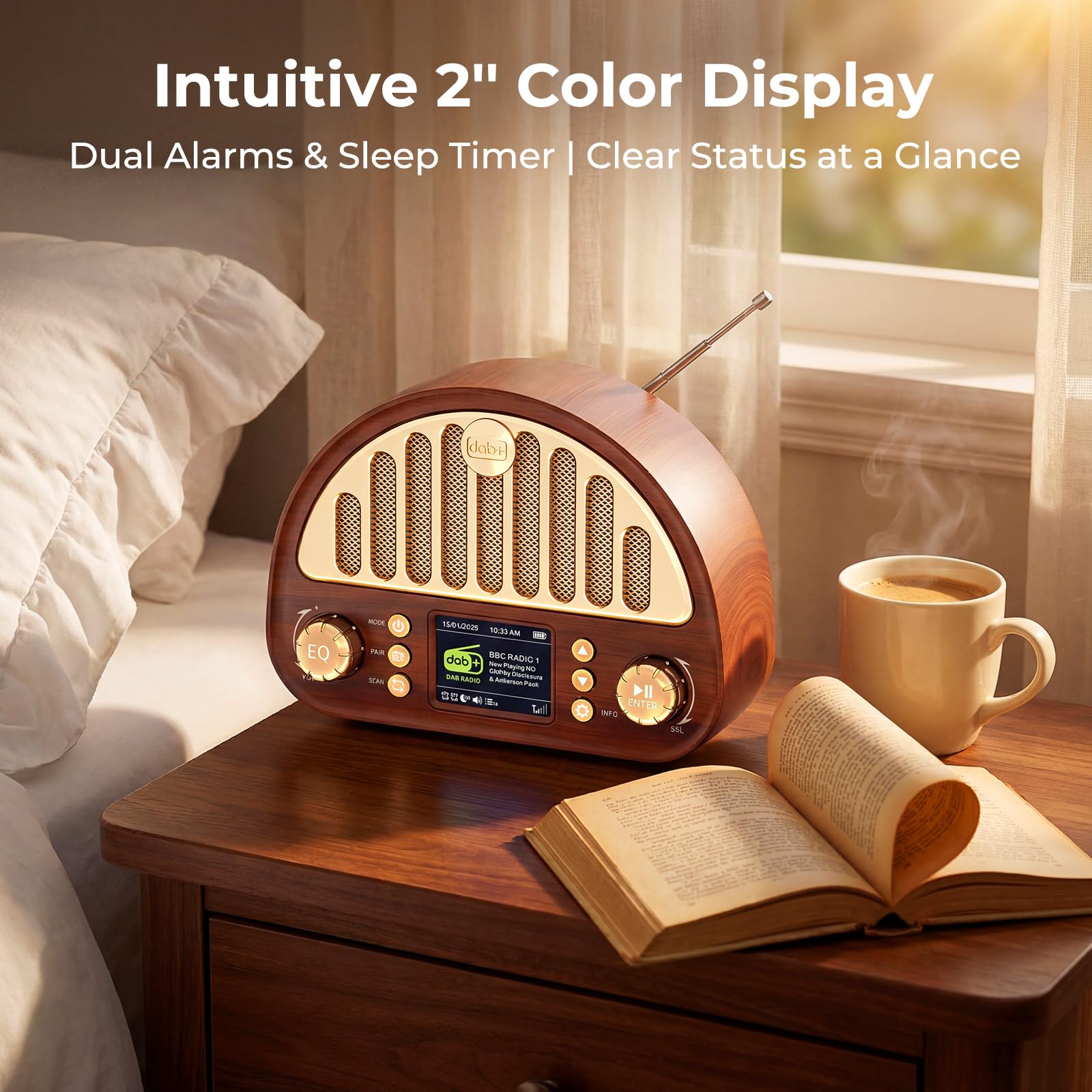 ROCAM Radio DAB+/FM, radio rétro avec Bluetooth 5.0, haut-parleur Full Sound 8 W, batterie 3000 mAh, écran couleur 2", RDS, AUX IN/cartes MicroSD, double réveil, minuterie de sommeil, 80 préréglages