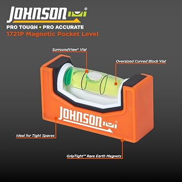 Johnson Level & Tool 1721P Magnetic Pocket Level, Easy Readability, Compact, Orange, 1 Level