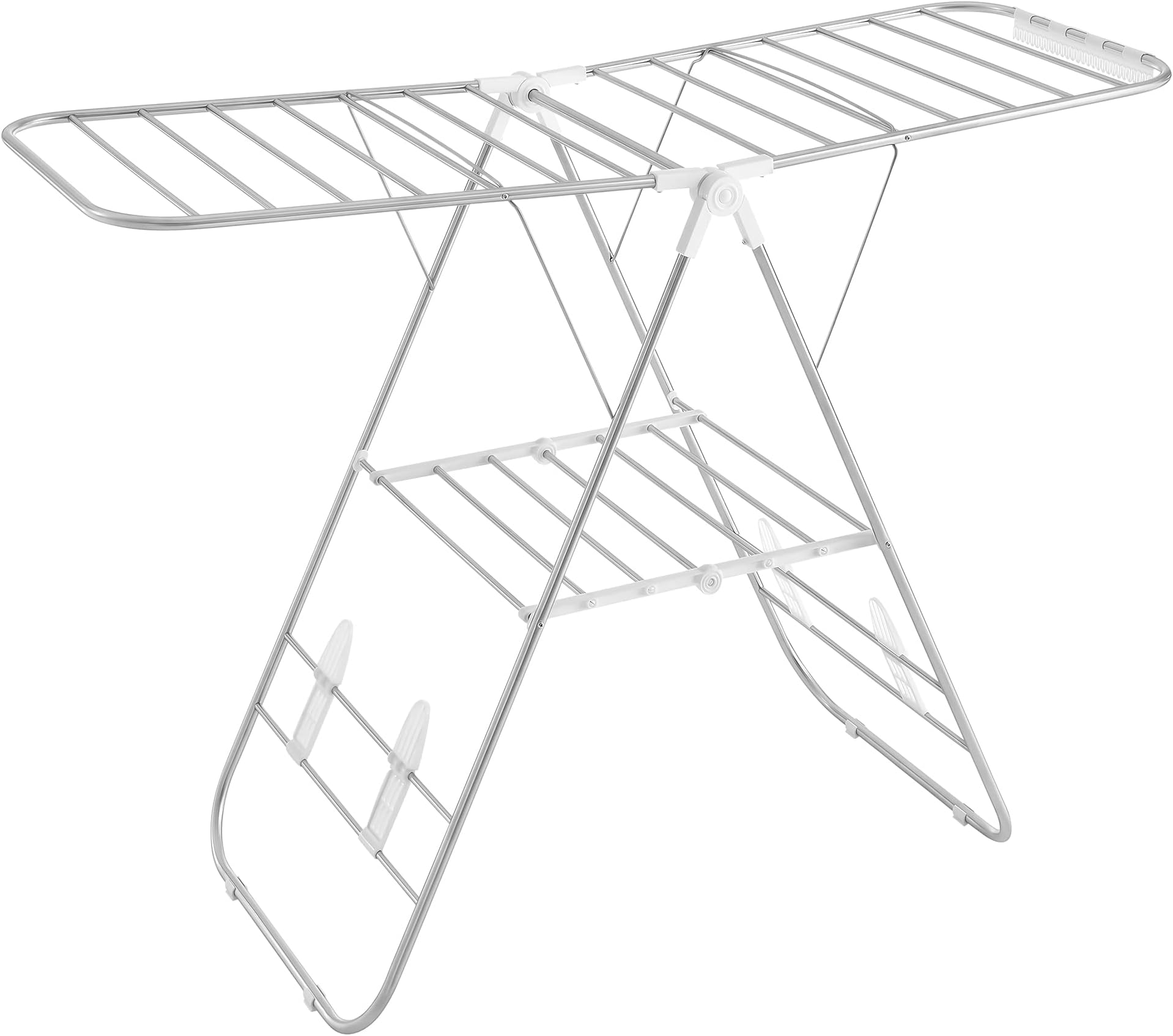 SONGMICS Clothes Airer, Foldable Clothes Drying Rack, Clothes Horse with Height-Adjustable Wings, Free-Standing Laundry Drying Rack, Indoor and Outdoor Use, Stainless Steel, White and Silver LLR502W01