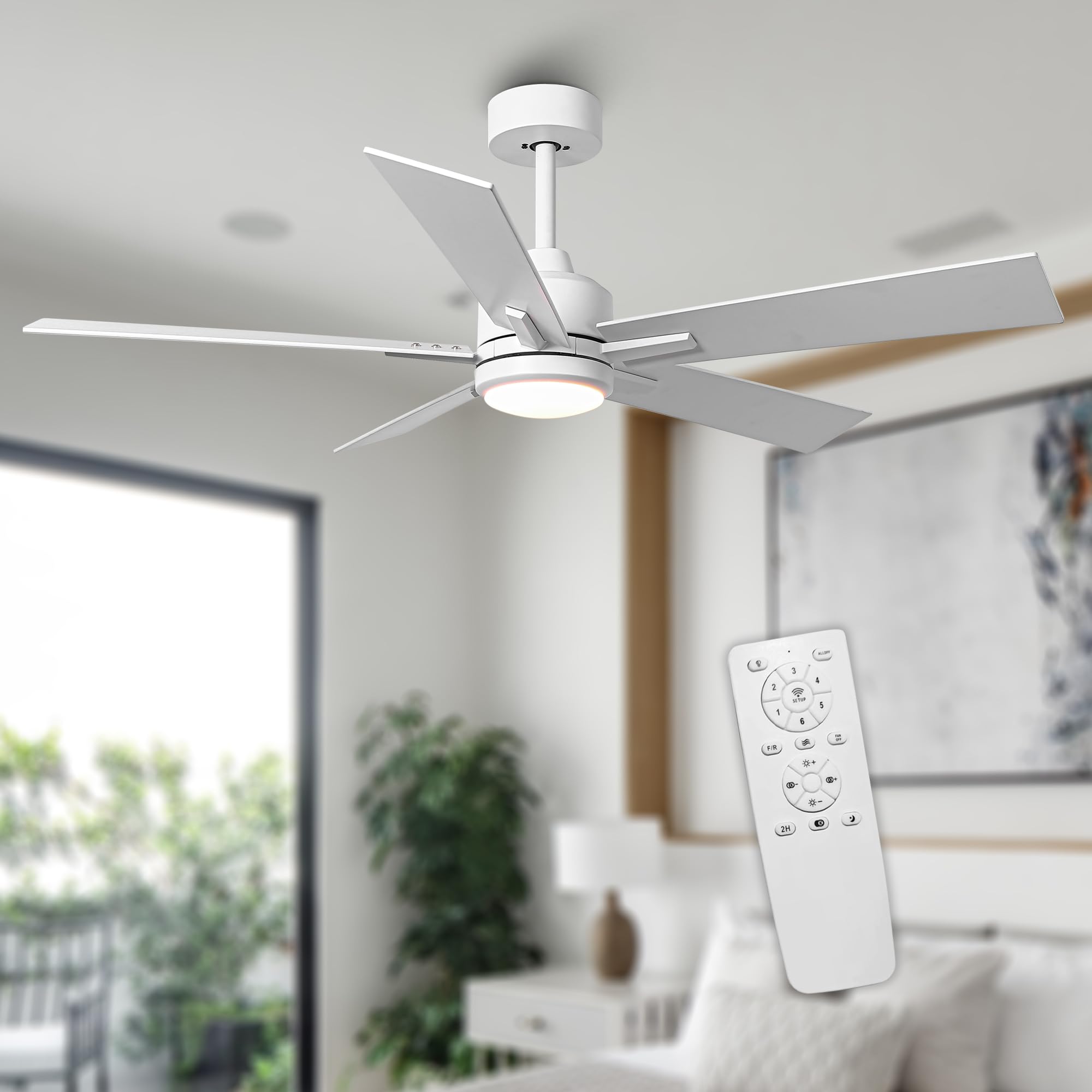 Ceiling Fans with Lights and Remote, 48 Inch White Ceiling Fan with Light for Bedroom Flush Mount, Outdoor Ceiling Fans for Patios, Reversible DC Motor, Dimmable, 3 Color Tone, Ventilador de Techo