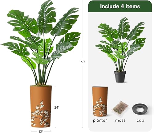 Miniatura 3 de Árbol artificial en macetero con patrón de flores de acuarela, árbol de seda Monstera falso para decoración del hogar en interiores y exteriores,