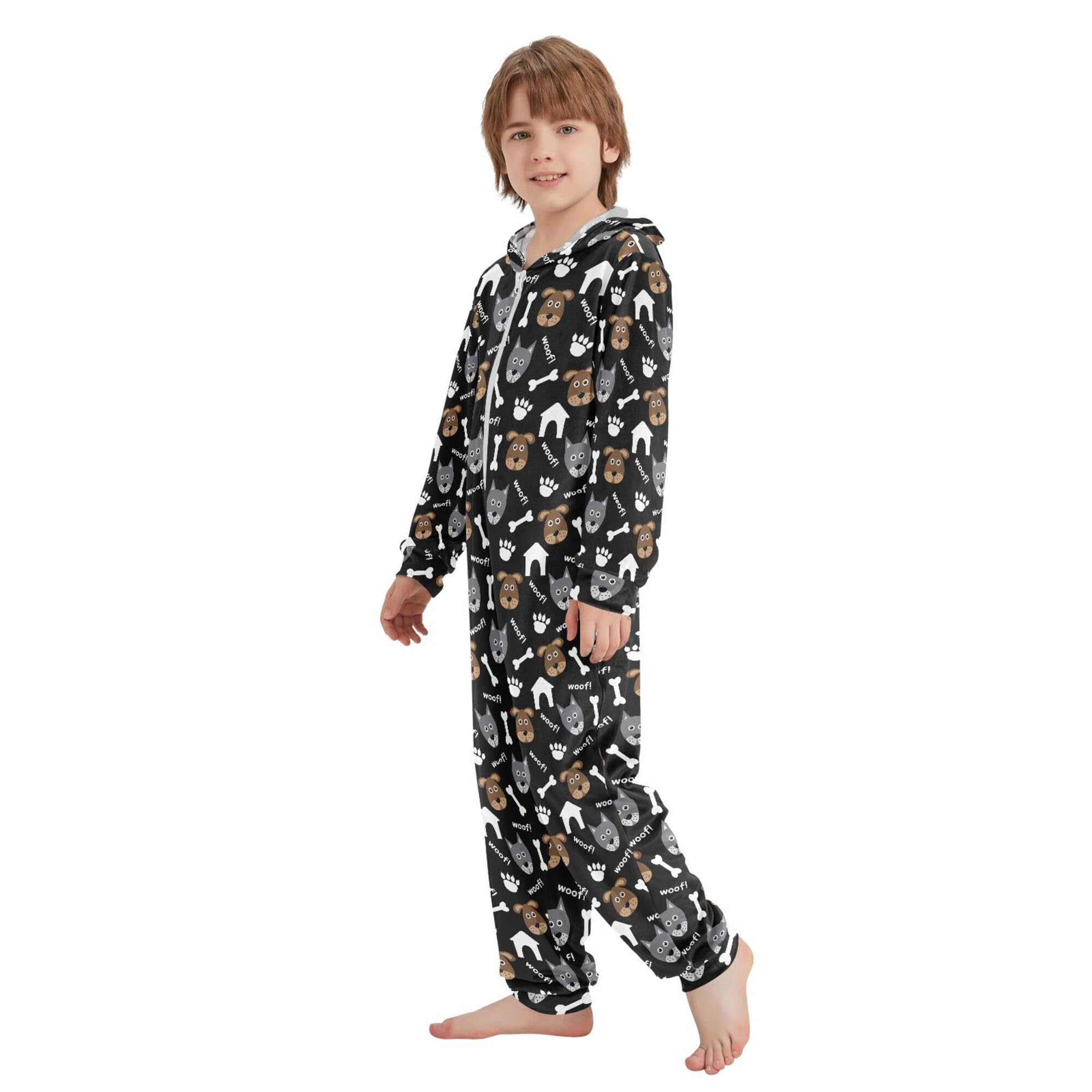Pigiama intero in flanella con cappuccio e cerniera, tuta coordinata per bambini con cani e ossa, morbida e calda, abbigliamento sportivo per la casa, 5-6T