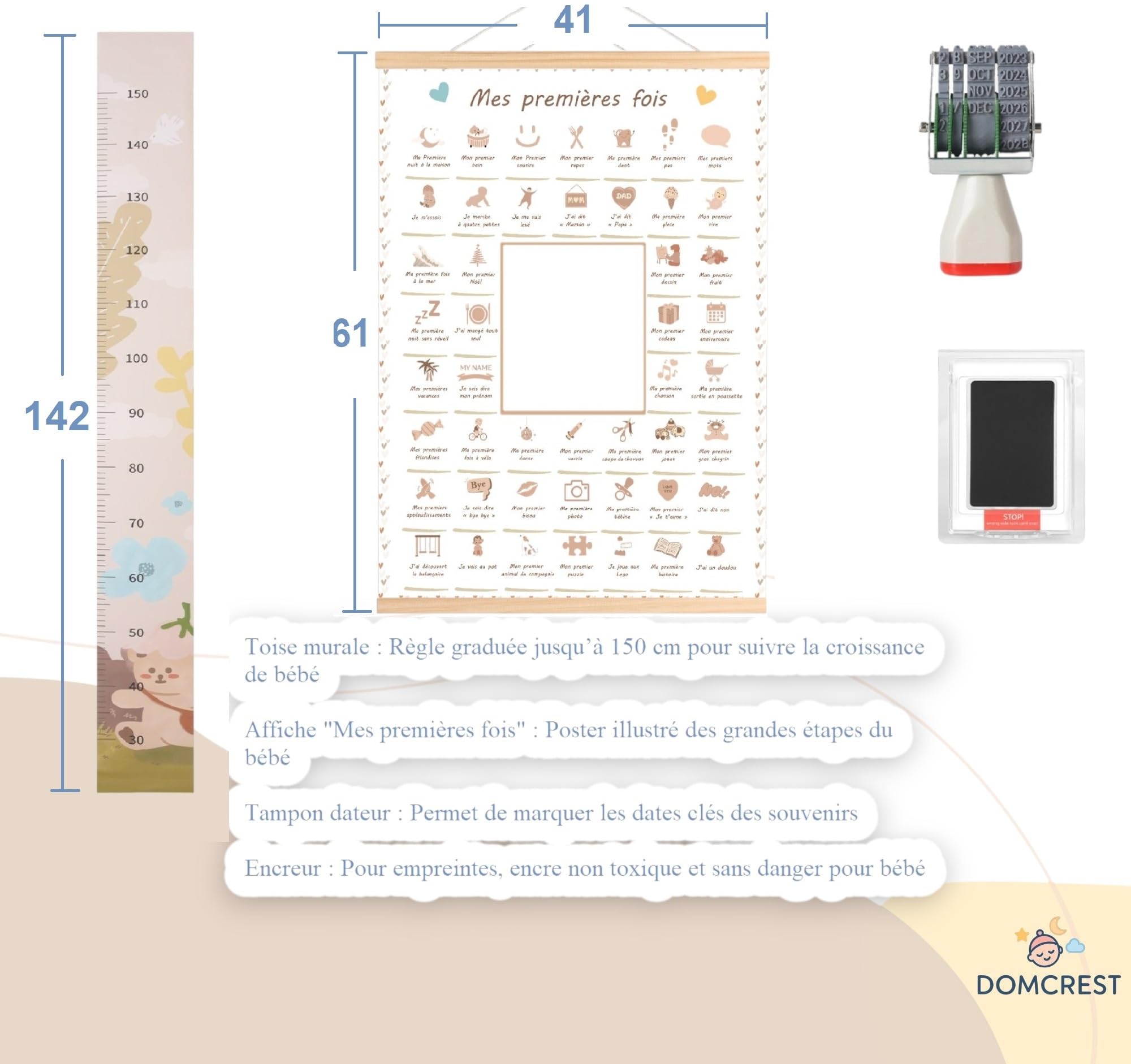 Générique Cadeau de naissance DOMCREST, Affiche tampon Mes premières fois, Toise murale, Coffret souvenir, Jeunes parents, Bébé garçon fille, Tableaux déco chambre bébé, Coffret