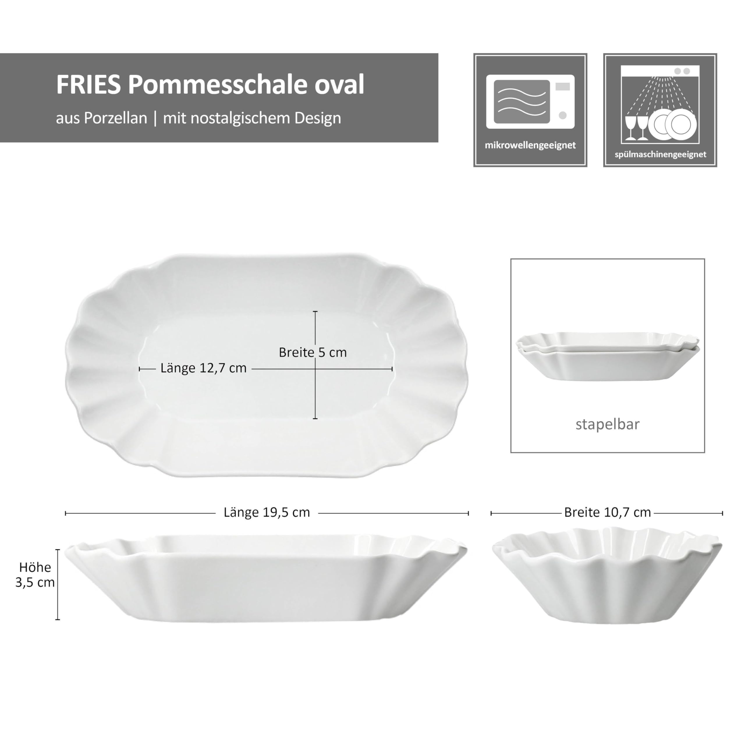 MamboCat Frietjes - Set di 6 ciotole per patatine fritte, XL, riutilizzabili, in porcellana, con rilievo, per salsicce, patatine fritte e Co