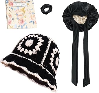 Facecozy Satin Silk Bonnet for Sleeping Women Double Layer Satin Bonnet with Tie Band Crochet Bucket Hat for Women